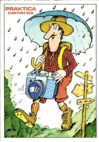 Künstler Ak Forchner, Ulrich, PRAKTICA cameras, Mann mit Fotoapparat, Regenschirm