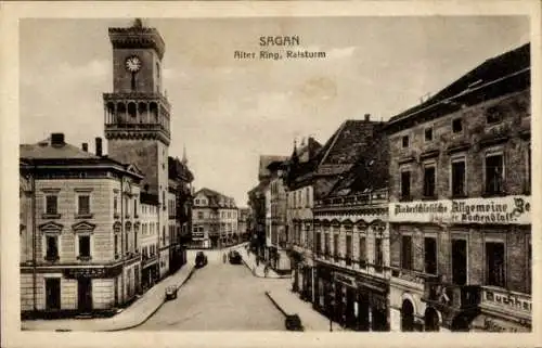 Ak Żagań Sagan Schlesien, Alter Ring, Ratsturm, alte Gebäude, Straßenansicht
