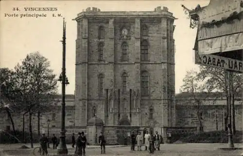 Ak Vincennes Val de Marne, Historisches Gebäude, Menschen auf der Straße, Straßenlaterne, Werbung