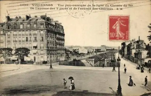Ak Vincennes Val de Marne, Panoramablick, Linie des Chemins de fer, Avenue des 2 gares, Avenue...