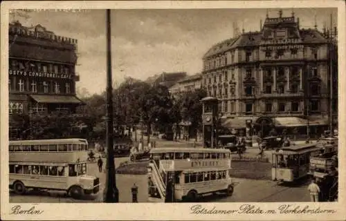 Ak Berlin Tiergarten, Potsdamer Platz, Verkehrsturm, Busse, Jostys Cafe
