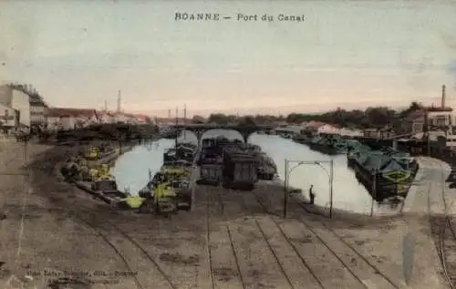 Ak Roanne Loire,  Port du Canal, Kanalboote, Brücke, Häuser