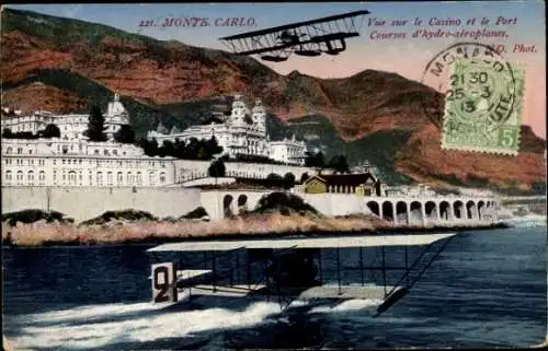 CPA Monte-Carlo Monaco, Vue sur le Casino et le Port Courses d'hydro-aéroplanes