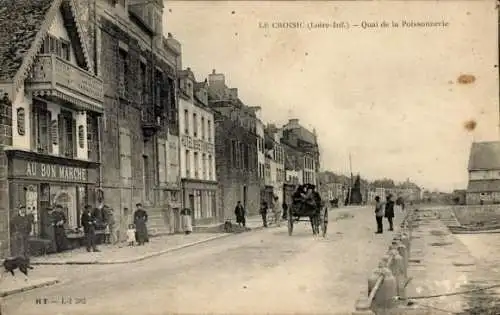 Ak Le Croisic Loire Atlantique, Schwarze und weiße Landschaft, Straße, Pferdewagen, Geschäfte, Me