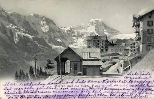 Ak Mürren Kanton Bern Schweiz, Berglandschaft, elektrischer Zug,  Gebäude