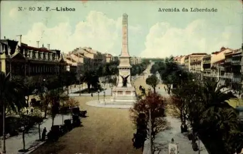 Ak Lisboa Lissabon Portugal, Avenida da Liberdade, Obelisk, Straßenansicht,  Architektur