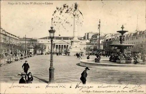Ak Lisboa Lissabon Portugal, Praça de D. Pedro IV, Kolonne, Brunnen, historische Postkarte