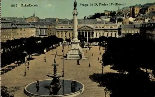 Ak Lisboa Lissabon Portugal, Praça de D. Pedro IV, monument, Brunnen, Gebäude im Hintergrund