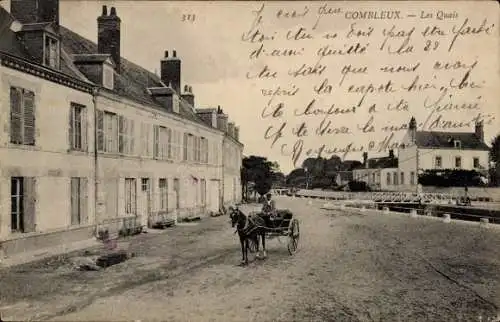 Ak Combleux Loiret, Historische Architektur, Pferdekutsche, Flussansicht, Straße