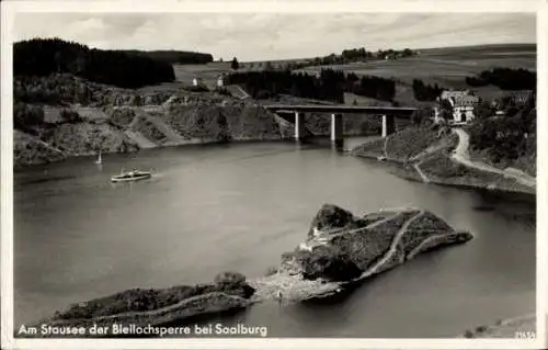Ak Saalburg in Thüringen, Stausee der Bleilochsperre, Boot, Brücke, Wald, Gebäude, Landschaft