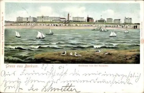 Ak Nordseebad Borkum, von der Westseite aus, Segelboote, Möwen