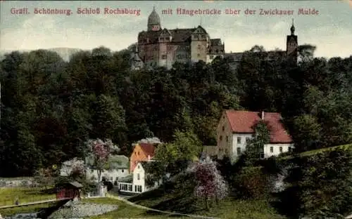Ak Rochsburg Lunzenau Sachsen, Gräfliches Schloss Rochsburg mit Hängebrücke über der Zwickauer Mulde