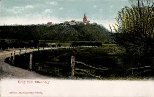 Ak Eltenberg Elten Emmerich am Niederrhein, Landschaft mit einem Hügel, Kirche, Zäunen, Wiese, We