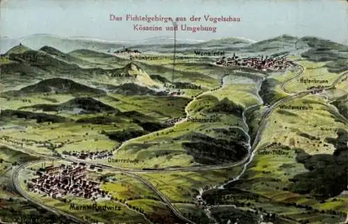 Künstler Landkarten Ak Felle, Eugen, Wunsiedel im Fichtelgebirge Oberfranken, Kösseine u. Umgebung