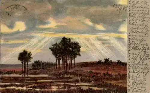 Ak Worpswede in Niedersachsen, Landschaft mit Bäumen, Sonnenstrahlen, Wasserflächen