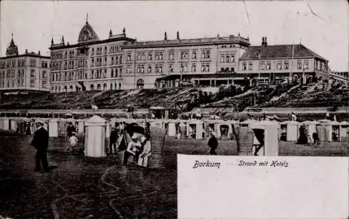 Ak Nordseebad Borkum in Ostfriesland, Strand mit Hotels,  Gebäude, Schwarz-Weiß-Foto