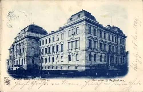 Ak Würzburg am Main Unterfranken, Gebäude des neuen Collegienhauses, Gruss aus  blau-weiß Fotogra