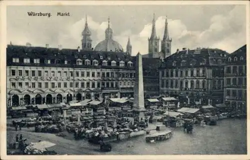 Ak Würzburg am Main Unterfranken, Marktplatz, Obelisk, Marktstände,  Architektur, Wolken