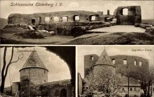 Ak Elsterberg an der Weißen Elster Vogtland, Schlossruine, Jugendherberge, Süd West Turm