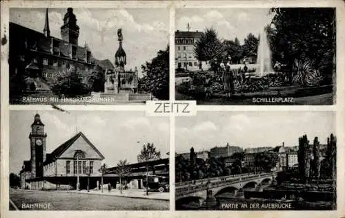 Ak Zeitz im Burgenlandkreis, Rathaus mit Finkgräbbrunnen, Schillerplatz, Bahnhof, Partie an der A