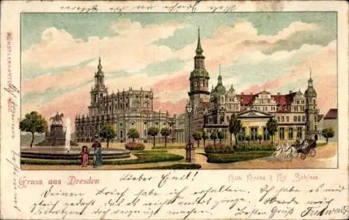 Ak Dresden Altstadt, Vorderseite zeigt Rath, Kirche, Schloss, Park, Menschen, Pferd