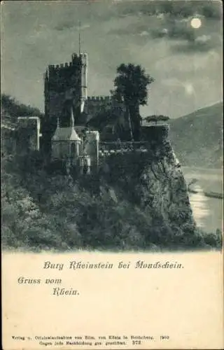 Mondschein Ak Trechtingshausen am Rhein, Burg Rheinstein