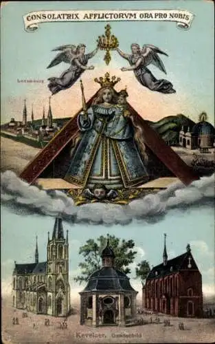 Ak Kevelaer am Niederrhein, Religiöse Darstellung, Schutzmantelmadonna, Engel, Kirchen