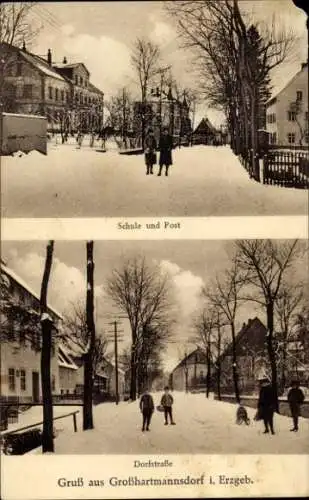 Ak Großhartmannsdorf im Erzgebirge, Schule, Post, Dorfstraße, Winter