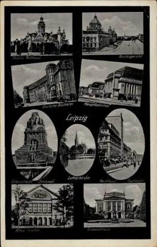 Ak Leipzig in Sachsen, Neues Rathaus, Reichsgericht, Hauptbahnhof, Denkmal, Lutherkirche, Gewandhaus