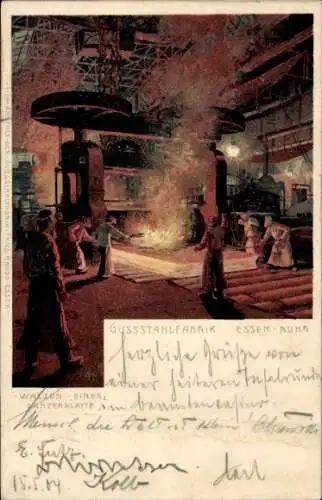 Künstler Ak Essen im Ruhrgebiet, Gussstahlfabrik Krupp, Walzen einer Panzerplatte