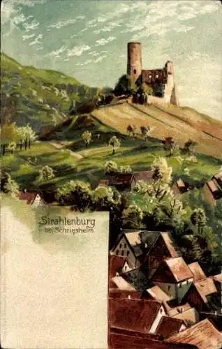 Künstler Litho Schriesheim im Rhein Neckar Kreis, Blick auf die Strahlenburg