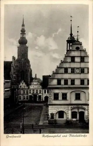 Ak Greifswald, Rathausgiebel, Nikolaikirche, Polizei-Direktion