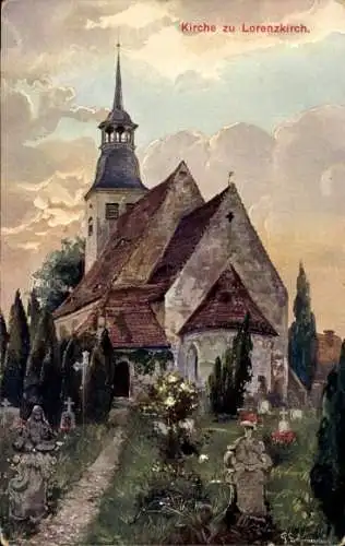 Künstler Ak Lorenzkirch Zeithain in Sachsen, Kirche, Grabsteine