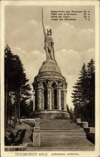 Ak Detmold am Teutoburger Wald, Hermannsdenkmal, imposante Statue, 54 m hoch, 27 m Unterbau, 7 m 