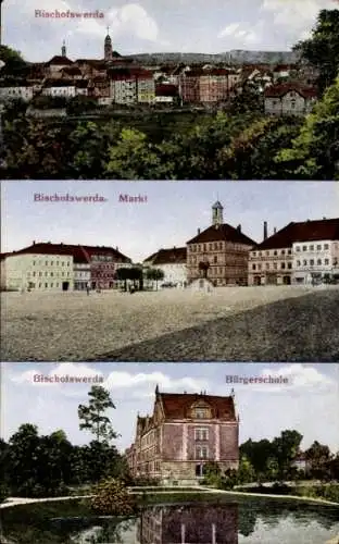 Ak Bischofswerda im Kreis Bautzen, Markt, Bürgerschule