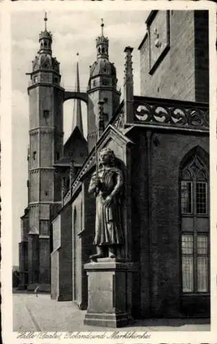 Ak Halle an der Saale, Rolandsstatue, Marktkirche, Türme, r Stil