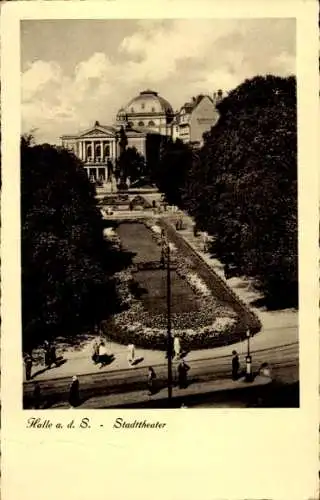 Ak Halle an der Saale, Stadttheater, Gartenanlage,  Architektur, Menschen