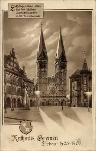 Ak Bremen, Rathaus,  Erbaut 1405-1407, Turm, Statue,  Architektur