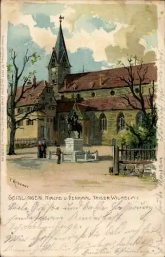Künstler Ak Kraemer, Geislingen an der Steige, Kirche, Denkmal Kaiser Wilhelm I