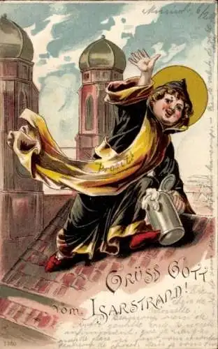Ak München, Grüss Gott vom Isarstrand, Kirche, Bierkrug