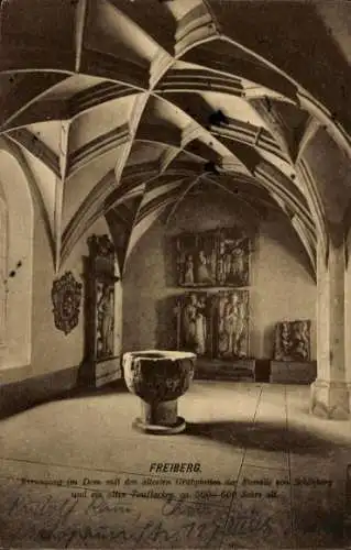 Ak Freiberg in Sachsen, Kreuzgang im Dom, Grabplatten von Schönberg, Taufbecken