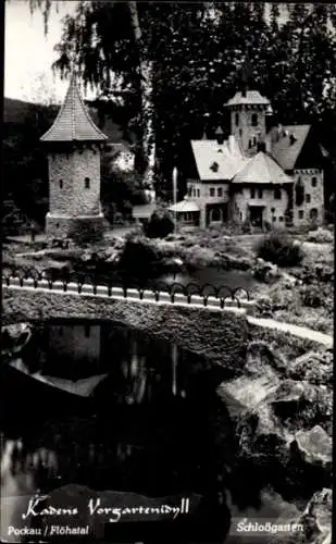 Ak Pockau im Erzgebirge Sachsen, Kadens Vorgartenidyll, Schloss Hohenfels mit Bergfried, Modellbau