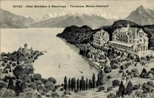 Ak Spiez am Thuner See Kanton Bern, Hôtel Belvédère & Beaurivage, Thunersee, Berner-Oberland, Ber