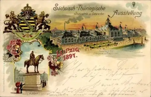 Ak Leipzig, Sächsisch-Thüringische Ausstellung, Gebäude, Pferde Statue, 1897