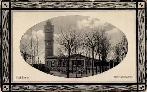 Ak Bad Elmen Salzelmen Schönebeck an der Elbe, Bismarckturm, Gebäude im Vordergrund, Bäume
