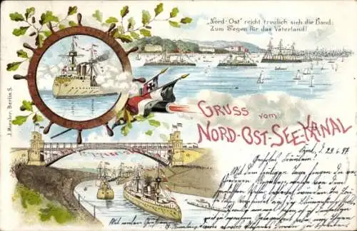Litho Ak Hansestadt Kiel, Gruß vom Kaiser-Wilhelm-Kanal, Flaggen, Salutschuß