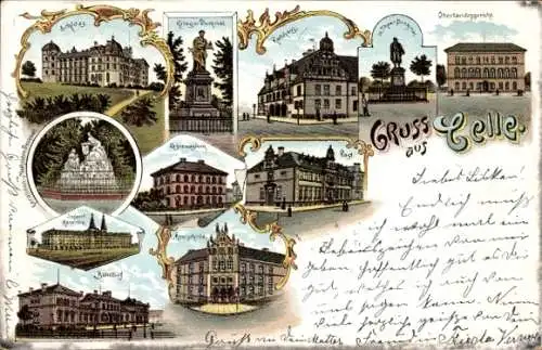 Ak Celle in Niedersachsen,  mit acht Ansichten, z.B. Kriegerdenkmal, Gymnasium, Oberlandesgericht
