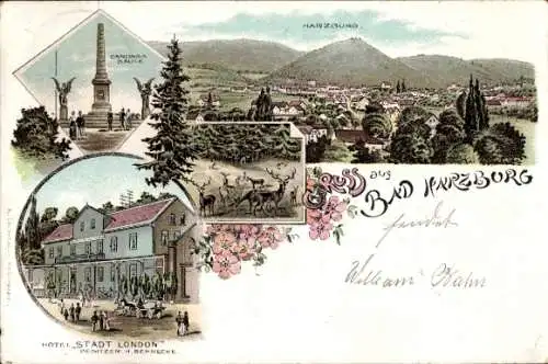 Ak Bad Harzburg am Harz, Hotel Stadt London, Harz, Montage mit Landschaft und Monument, Blumen