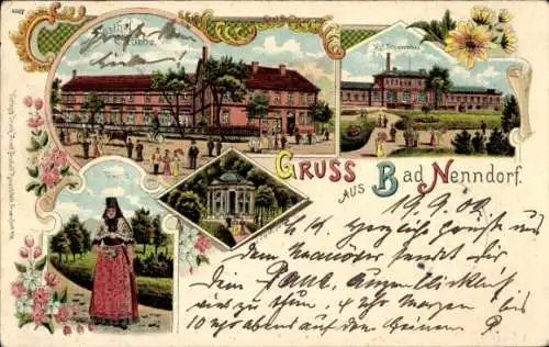 Ak Bad Nenndorf an der Weser, Blick auf Gebäude, Frauen in Trachten, Gartenansicht, postale Grüße