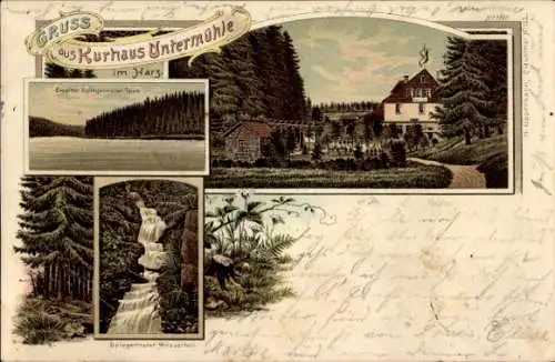 Ak Quedlinburg im Harz, Kurhaus Untermühle, Wasserfall, malerische Landschaft, 